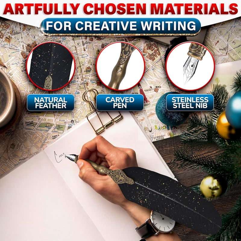 Kotko Vintage Feather Quill Pen and Ink Set – Black Feather Pen and Ink Set with Stainless Steel Nib & Stand for Calligraphy Beginners, Authors & Writers – Unique Gift & Vintage Decor for Home & Office - Image 3